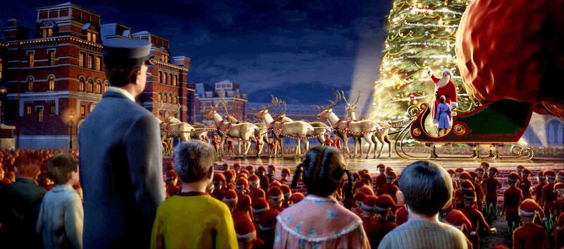 Santa Claus in Sleigh — Red, Festive, Night, 3d Render, Reindeer, Christmas Tree