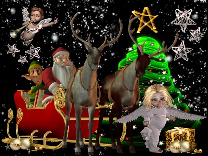 Santa Claus in Sleigh — Red, Festive, Night, 3d Render, Reindeer