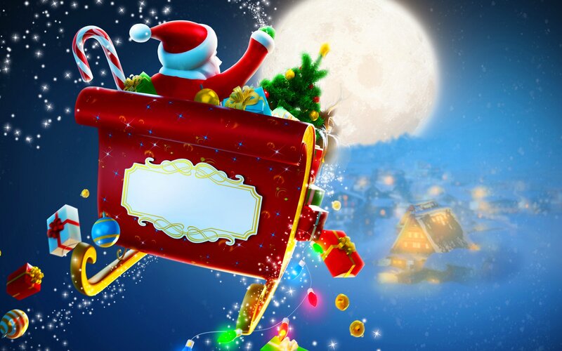 Santa Claus in Sleigh — Red, Festive, Night, Digital Art, Candy Cane
