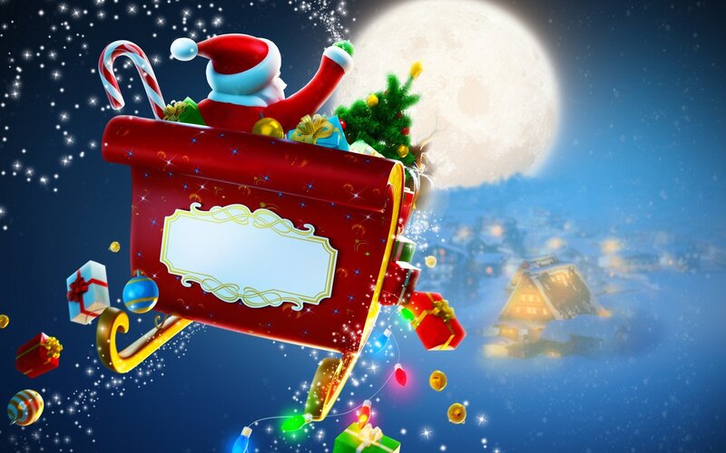 Santa Claus in Sleigh — Red, Festive, Night, Digital Art, Moon