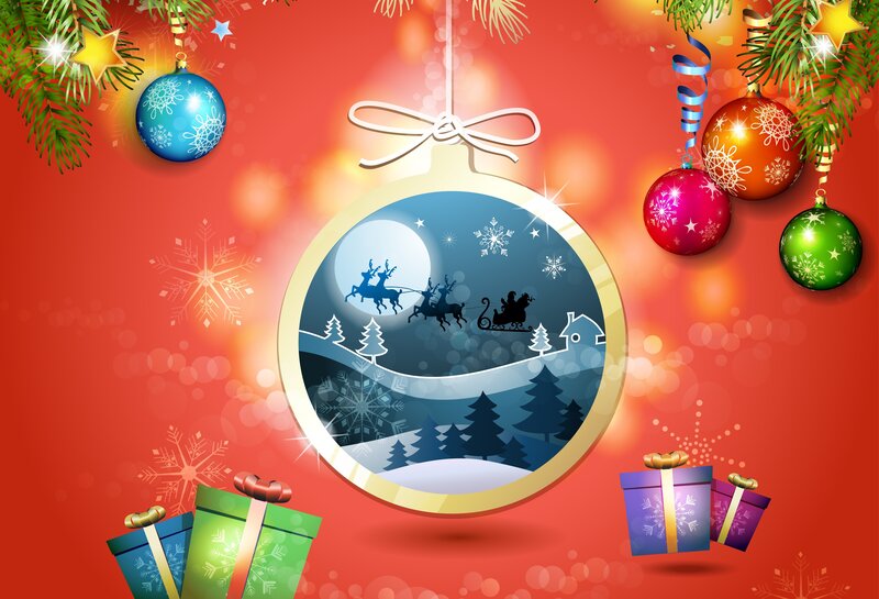 Santa Claus in Sleigh — Red, Festive, Night, Digital Art, Ornaments