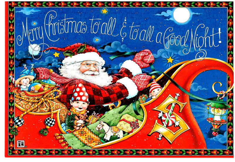 Santa Claus in Sleigh — Red, Festive, Night, Illustration, Elves
