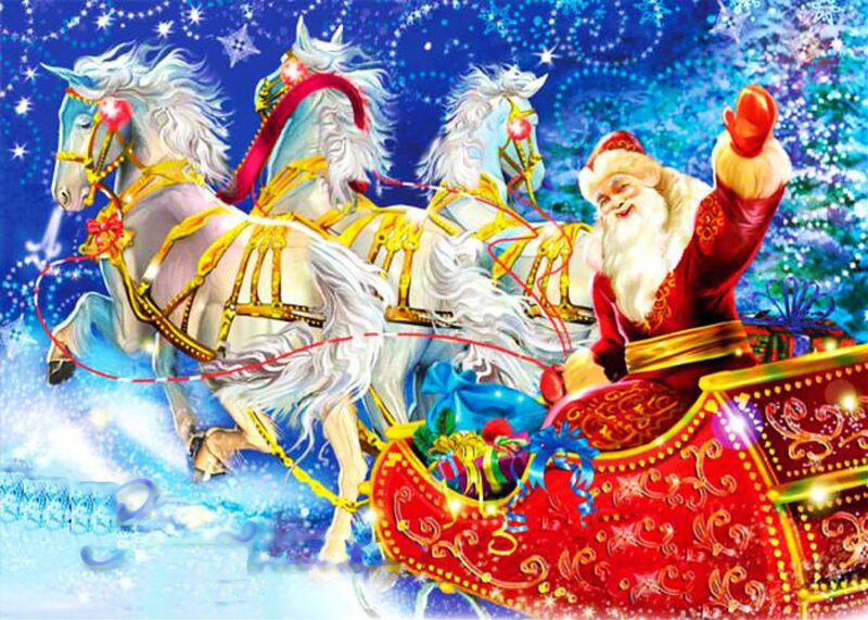 Santa Claus in Sleigh — Red, Festive, Night, Illustration, Horses