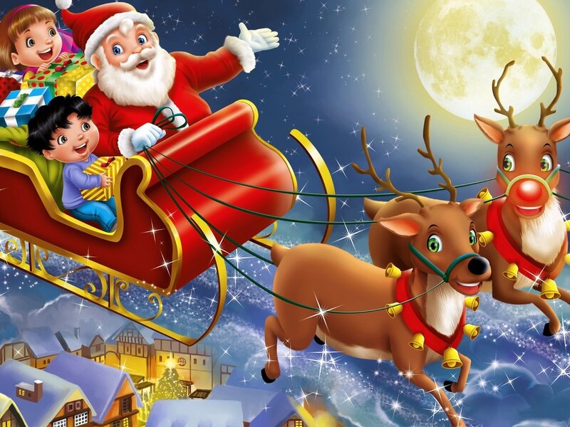 Santa Claus in Sleigh — Red, Festive, Night, Illustration, Reindeer, Children, Moon