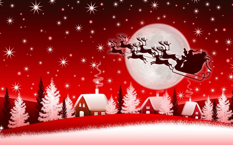 Santa Claus in Sleigh — Red, Festive, Night, Illustration, Reindeer, Moon, Houses
