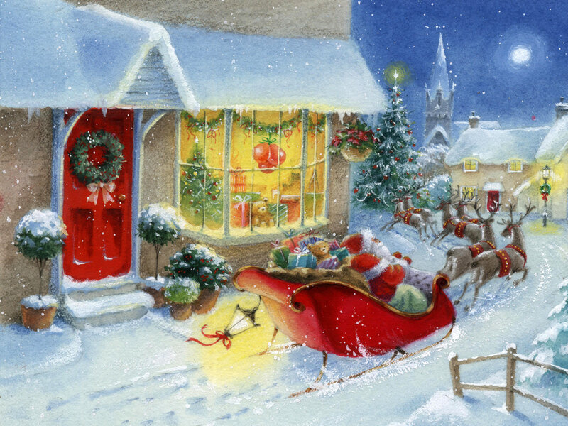 Santa Claus in Sleigh — Red, Festive, Night, Illustration, Reindeer