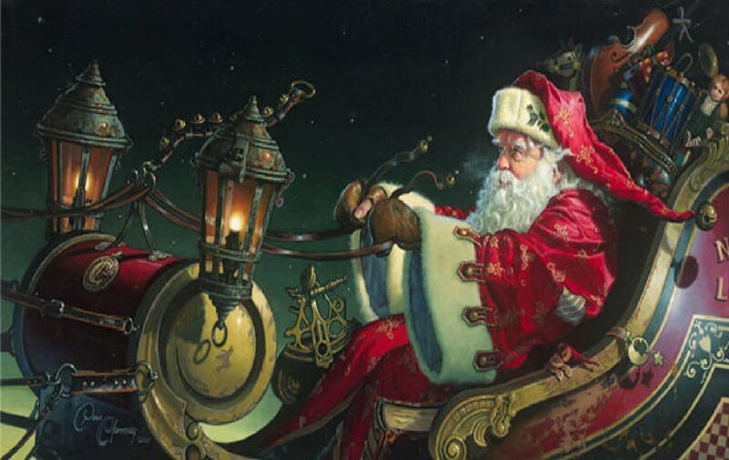 Santa Claus in Sleigh — Red, Festive, Night, Painting, Lanterns