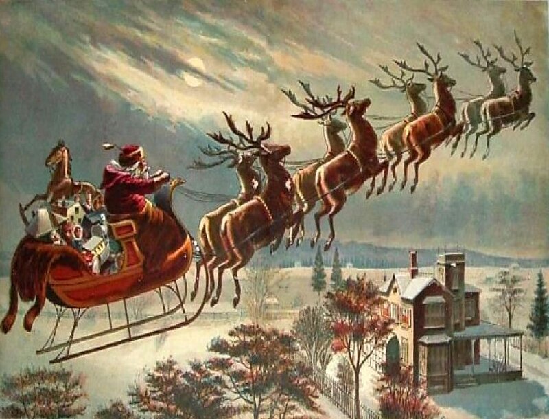 Santa Claus in Sleigh — Red, Festive, Night, Painting