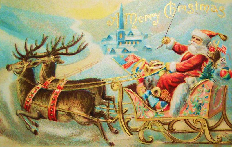 Santa Claus in Sleigh — Red, Festive, Winter, Illustration, Reindeer, Christmas Tree, Flag