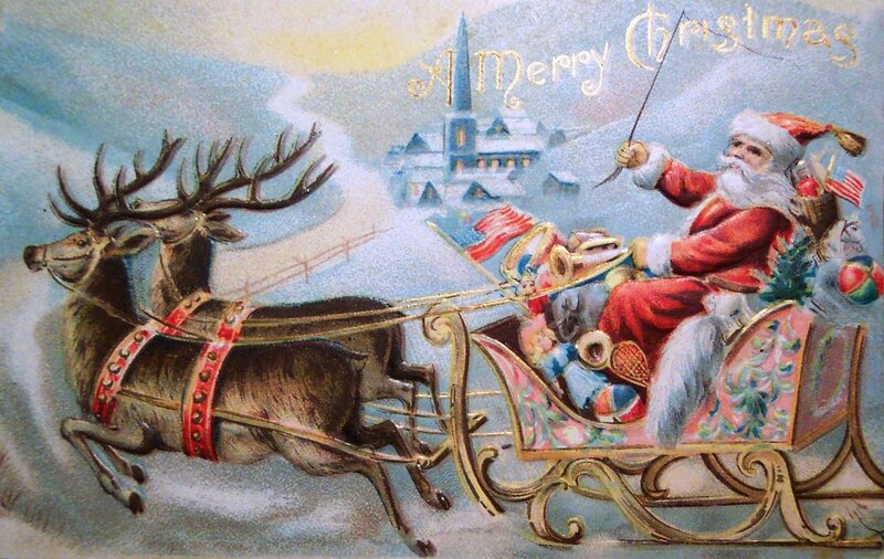 Santa Claus in Sleigh — Red, Festive, Winter, Illustration, Reindeer, Christmas Tree
