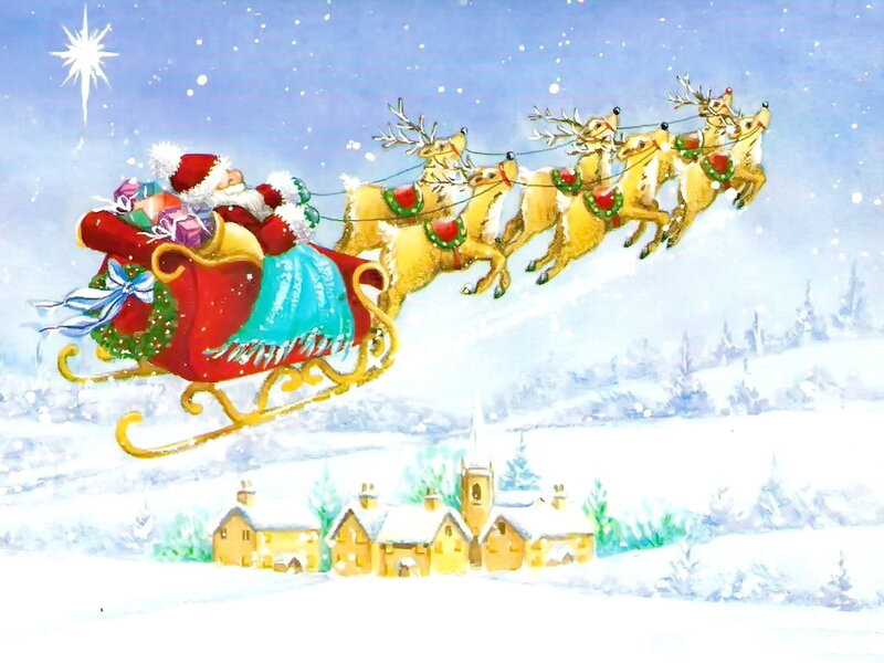 Santa Claus in Sleigh — Red, Festive, Winter, Illustration, Reindeer, Gifts, Village