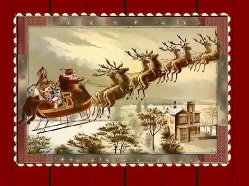 Santa Claus in Sleigh — Red, Festive, Winter, Illustration, Reindeer, House