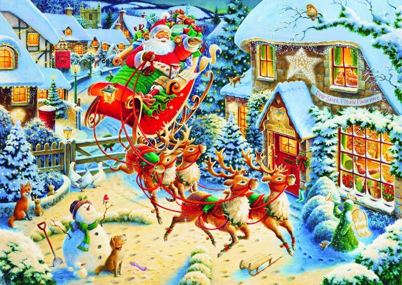Santa Claus in Sleigh — Red, Festive, Winter, Illustration, Reindeer, Snowman