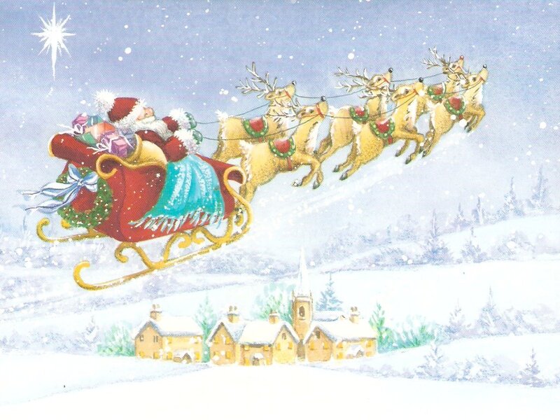 Santa Claus in Sleigh — Red, Festive, Winter, Illustration, Reindeer