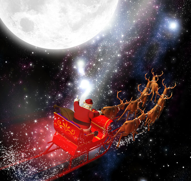 Santa Claus in Sleigh — Red, Magical, Night, 3d Render, Reindeer
