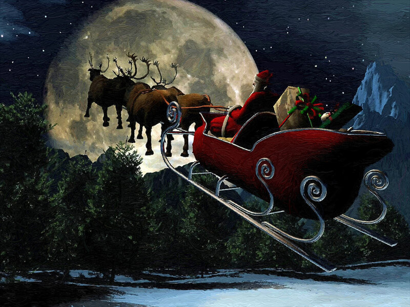Santa Claus in Sleigh — Red, Magical, Night, Digital Art, Reindeer