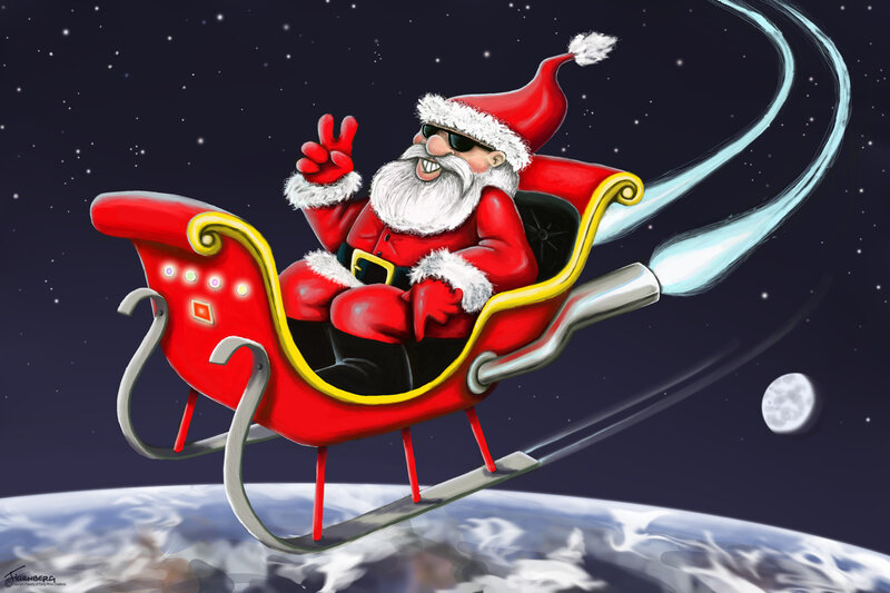 Santa Claus in Sleigh — Red, Playful