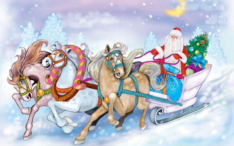 Santa Claus in Sleigh — White, Festive, Night, Illustration, Horses