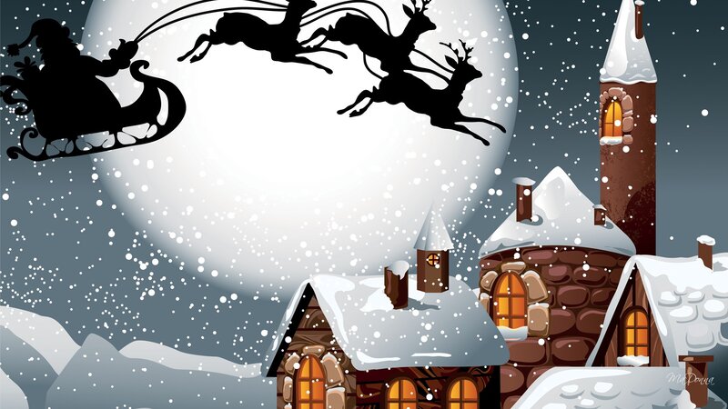 Santa Claus in Sleigh — White, Festive, Night, Illustration, Reindeer