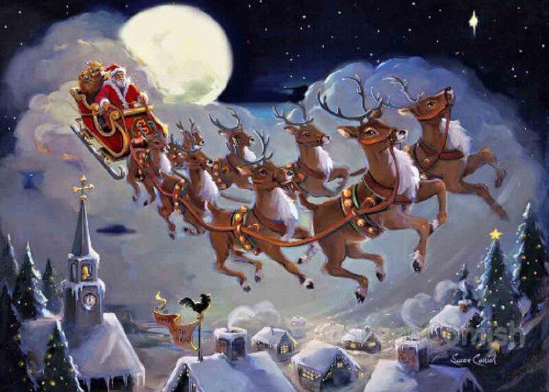 Santa Claus in Sleigh — White, Festive, Night, Painting