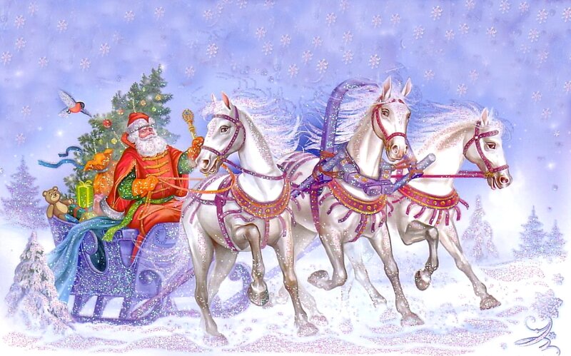 Santa Claus in Sleigh — White, Festive, Winter, Illustration, Horses