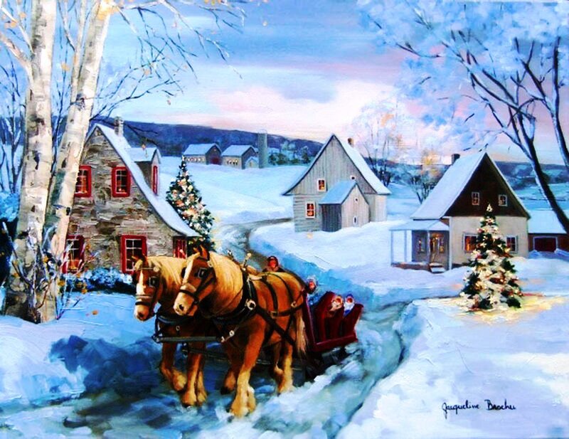 Santa Claus in Sleigh — White, Festive, Winter, Painting
