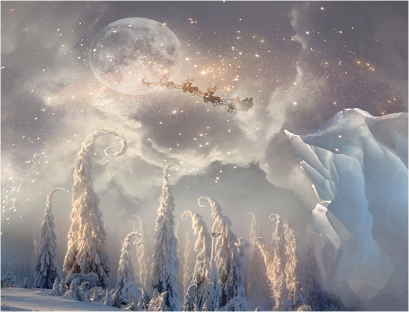 Santa Claus in Sleigh — White, Magical, Night