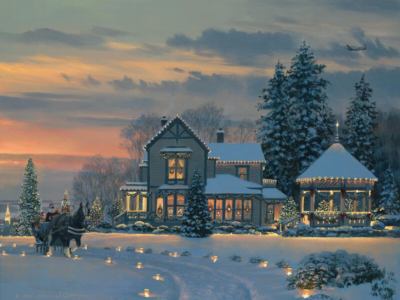 Santa Claus in Sleigh — White, Peaceful, Winter, Painting