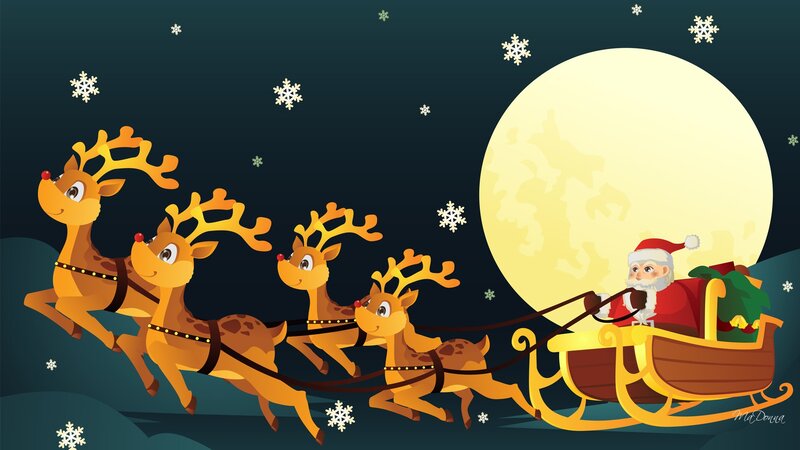Santa Claus in Sleigh — Yellow, Festive, Night