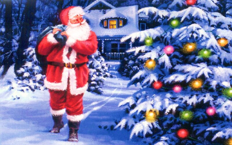 Santa Claus in Snow — Red, Festive, Winter, Illustration, Snow-covered Tree