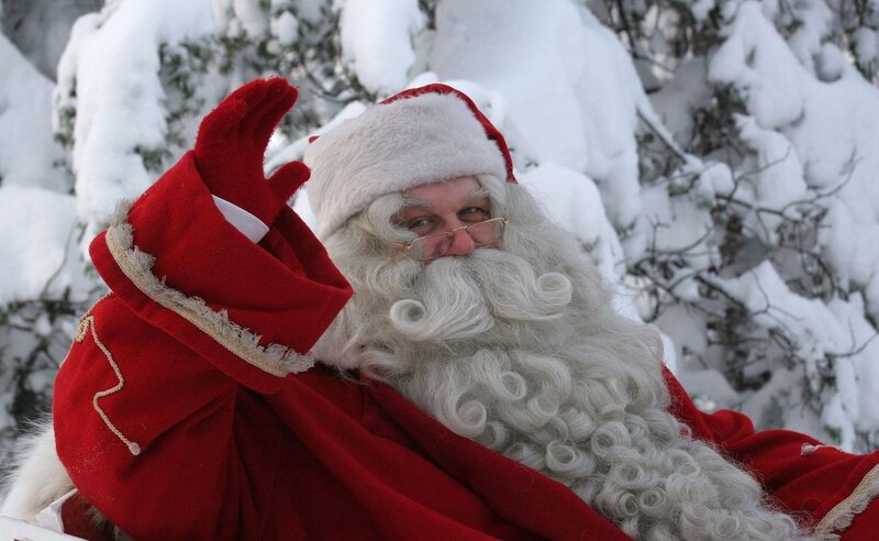 Santa Claus in Snow — Red, Festive, Winter, Photograph, Trees