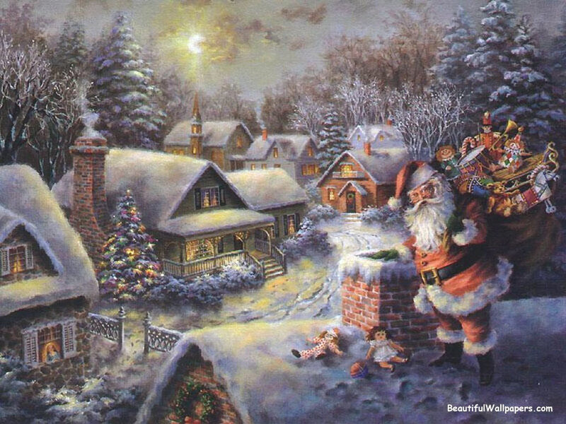 Santa Claus in Snow — White, Festive, Night, Painting, Sleigh, Doll
