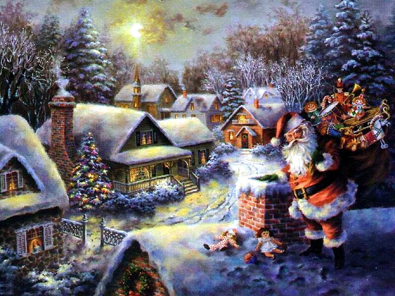 Santa Claus in Snow — White, Festive, Night, Painting