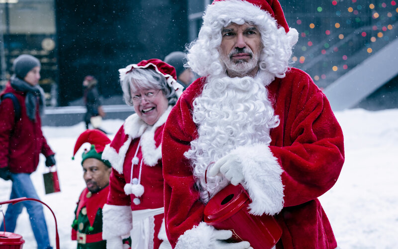 Santa Claus in snowy city