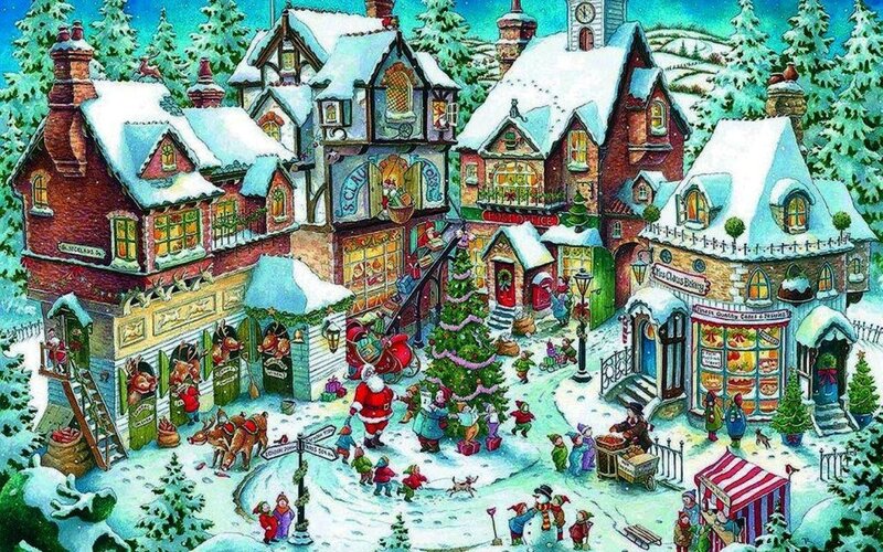 Santa Claus in Village — White, Festive