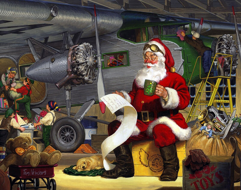 Santa Claus in Workshop — Red, Busy, Illustration, Airplane