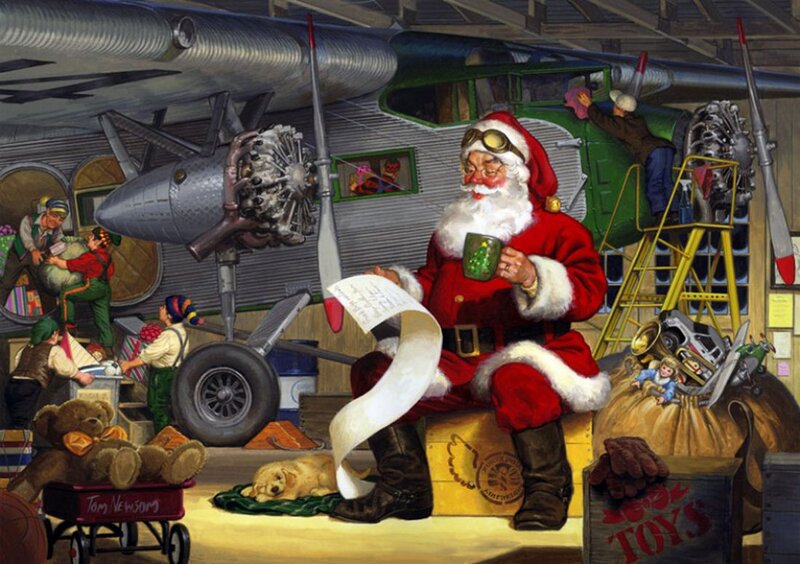 Santa Claus in Workshop — Red, Busy, Illustration