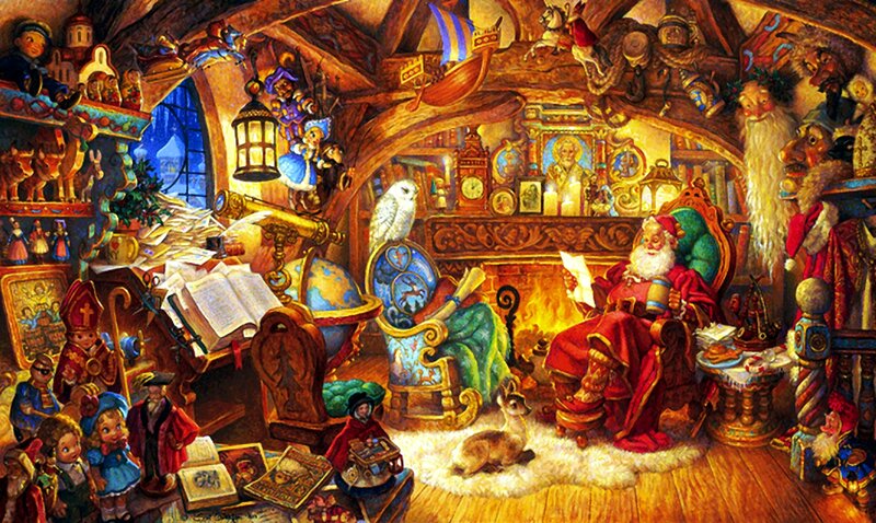 Santa Claus in Workshop — Red, Festive, Night, Illustration