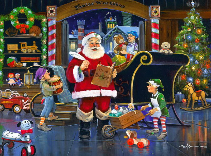 Santa Claus in Workshop — Red, Festive, Night, Painting