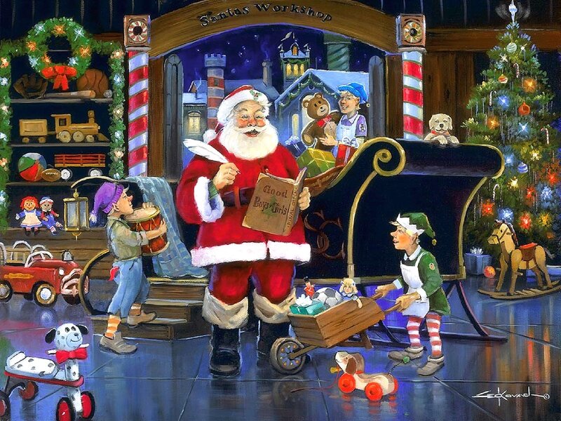 Santa Claus in Workshop — Red, Festive, Night