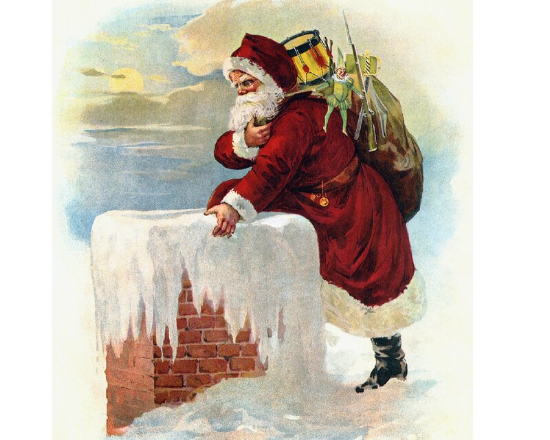 Santa Claus on Chimney — Red, Festive, Winter, Illustration, Sack