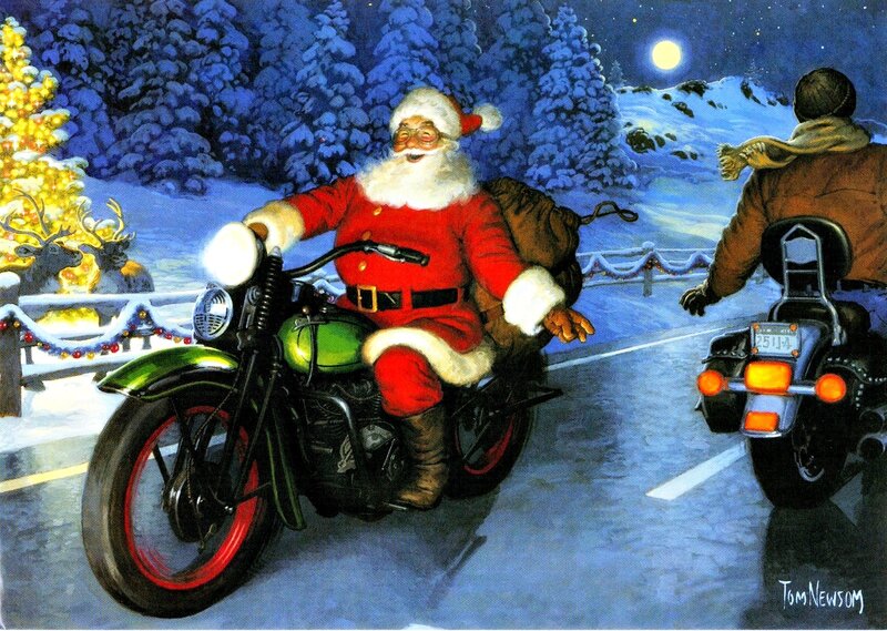 Santa Claus on Motorcycle — Blue, Festive, Night