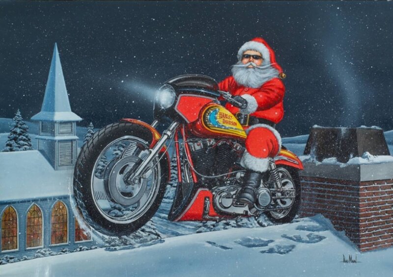 Santa Claus on Motorcycle — Red, Festive, Night