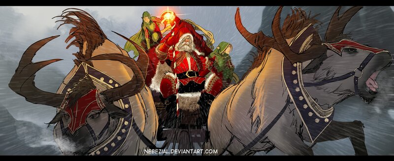 Santa Claus on reindeer sleigh
