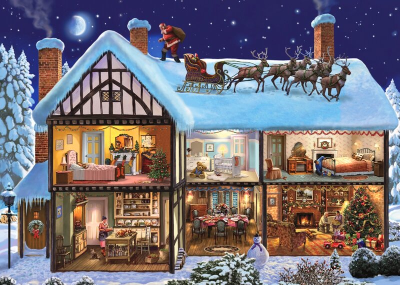 Santa Claus on Roof — Blue, Festive, Night, Illustration
