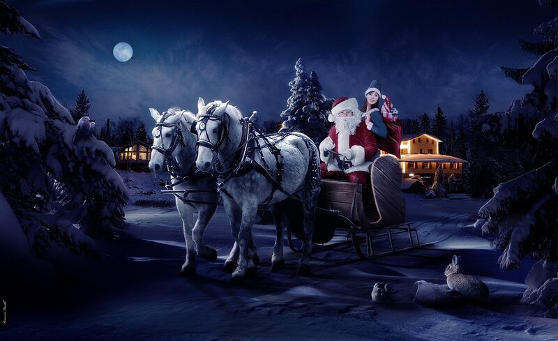Santa Claus on sleigh at night