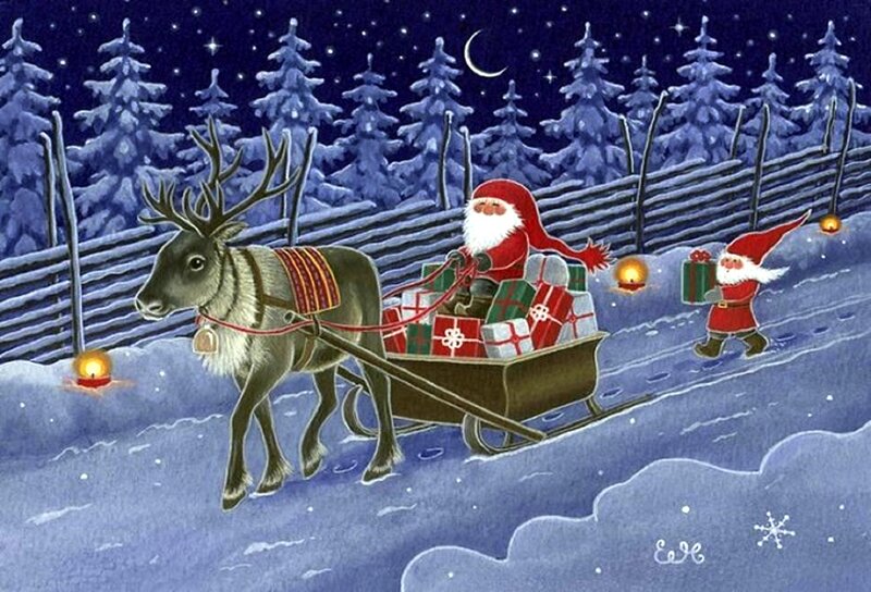 Santa Claus on Sleigh — Blue, Festive, Night