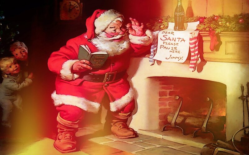 Santa Claus Reading Book — Red, Festive, Night, Illustration