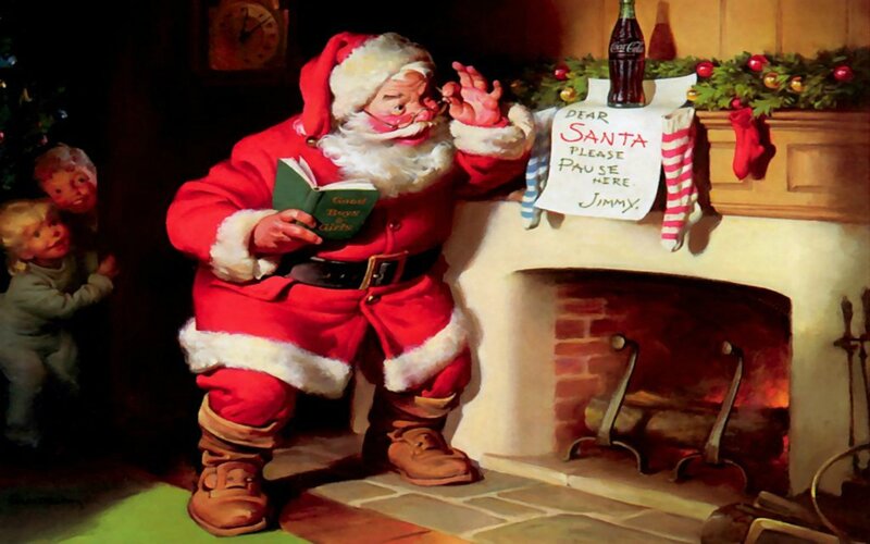 Santa Claus Reading Book — Red, Festive, Night, Painting, Children