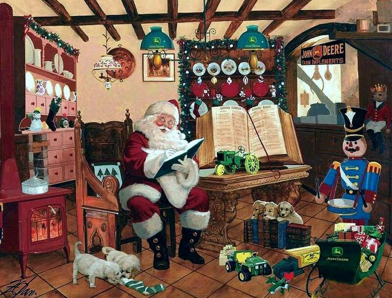 Santa Claus Reading Book — Red, Festive, Winter, Painting